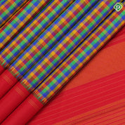 Micro multi color checks red gold zari temple rack border paalum pazhamum kattam traditional silk saree