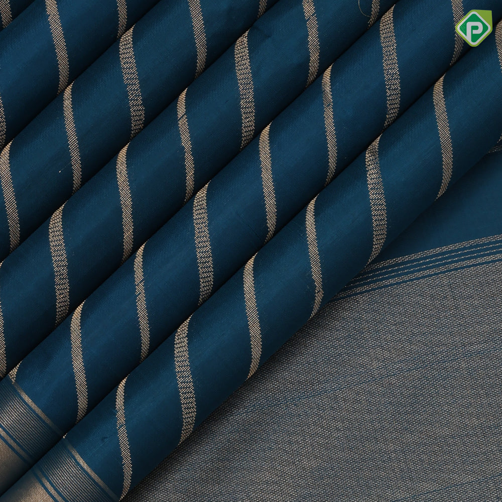 Peacock Blue Gold Zari Gross Lines Design Self Colour Gold Zari Border Soft Silk Saree