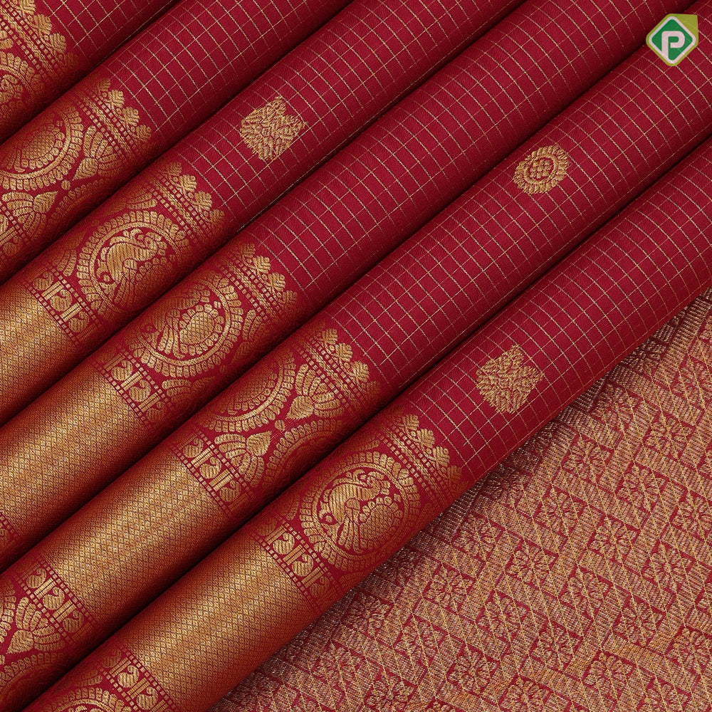 Maroon red gold zari vairaoosi kattam butta motifs design self gold zari peacock round butta lines retta pett border koorai silk saree