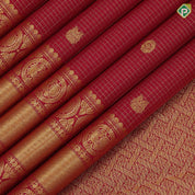 Maroon red gold zari vairaoosi kattam butta motifs design self gold zari peacock round butta lines retta pett border koorai silk saree