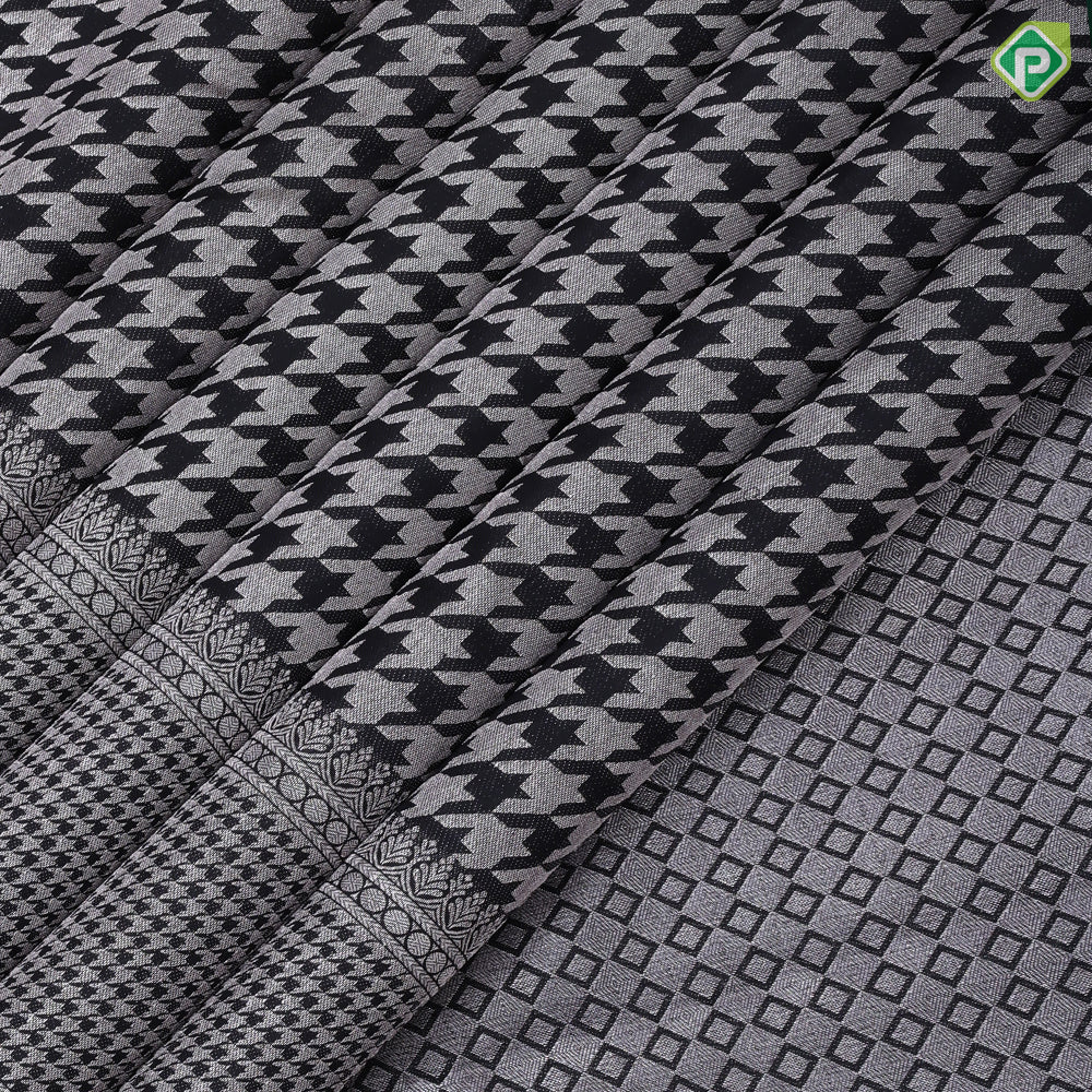 Black Colour Silver Zari Zig Zag Design Self Colour Ruthracham Small Zig Zag Border Design Luxury Black  Silk Saree