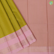 Lemon green gold zari velthari lines design paalum pazhamum design retta pett border art silk saree