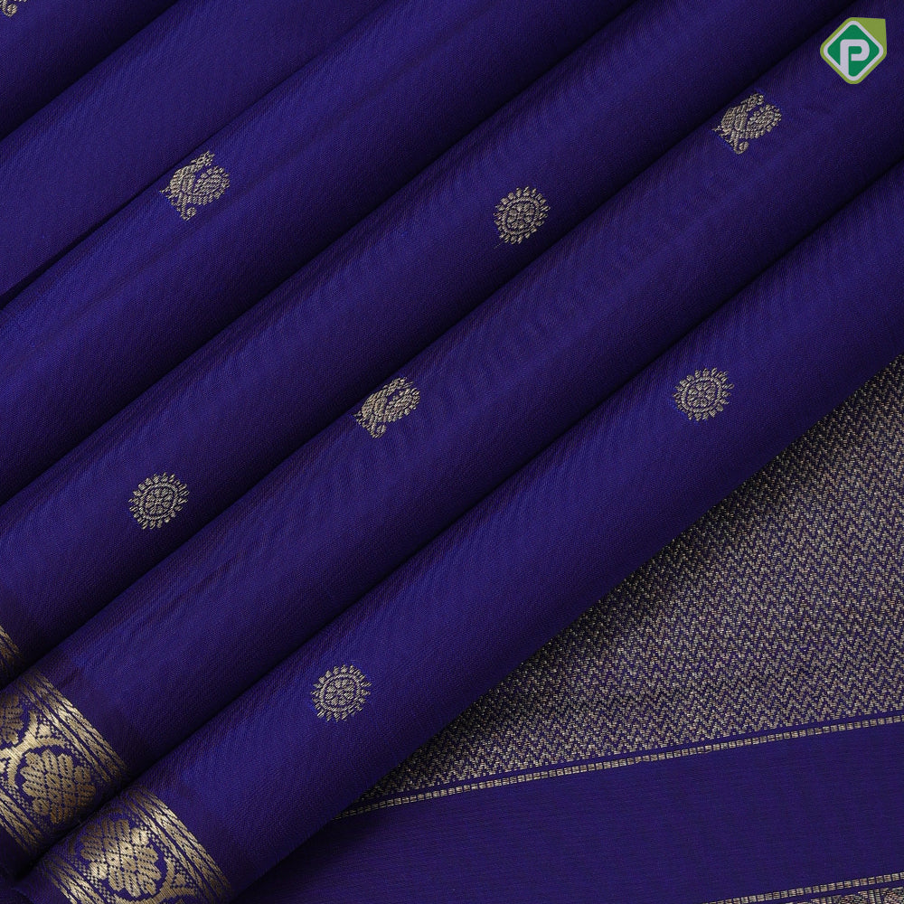 Indigo blue gold zari mayil chakkaram butta design self gold zari flower motif edge border traditional silk saree