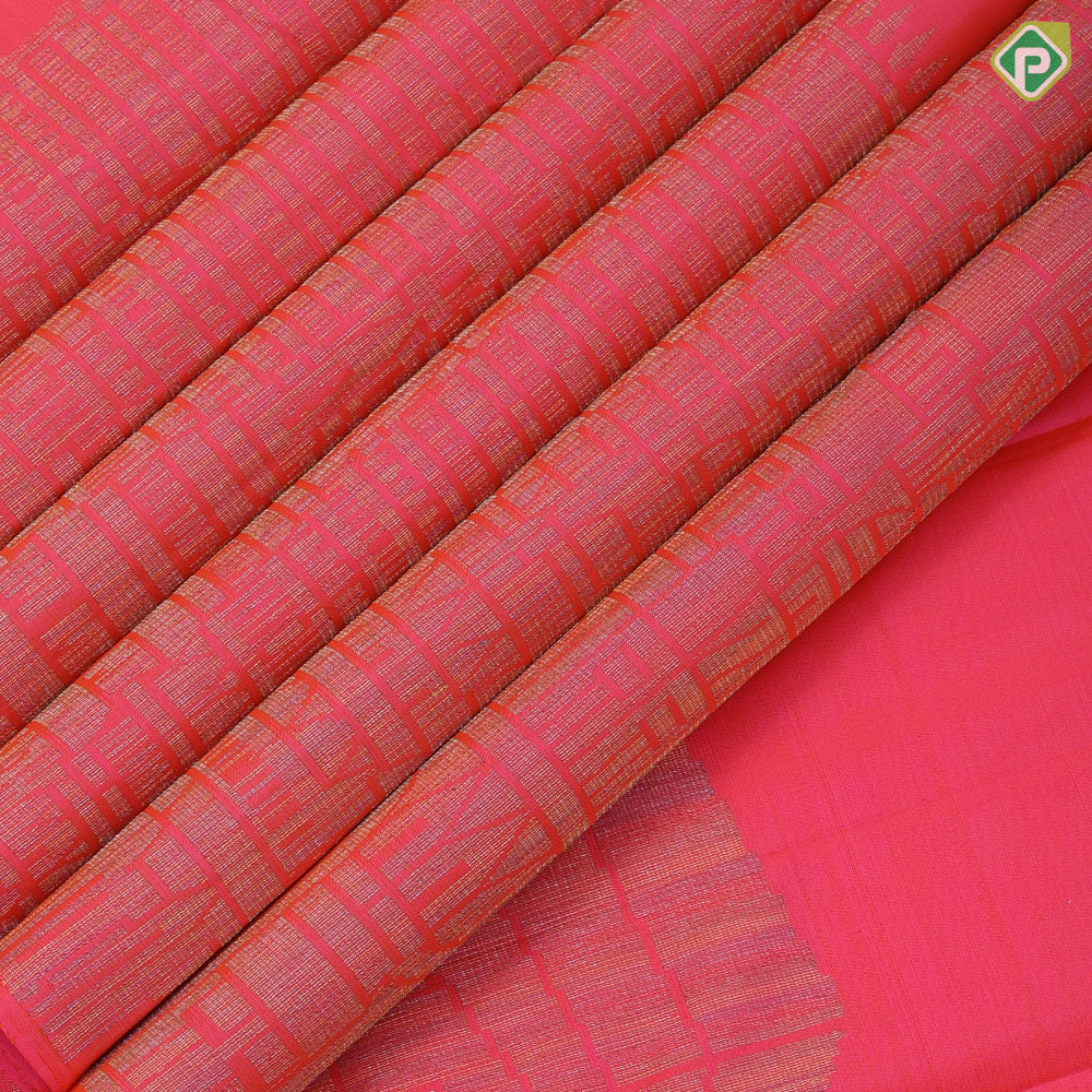 orangish pink silk thread grains design multi color temple tower weaved border signature silk saree