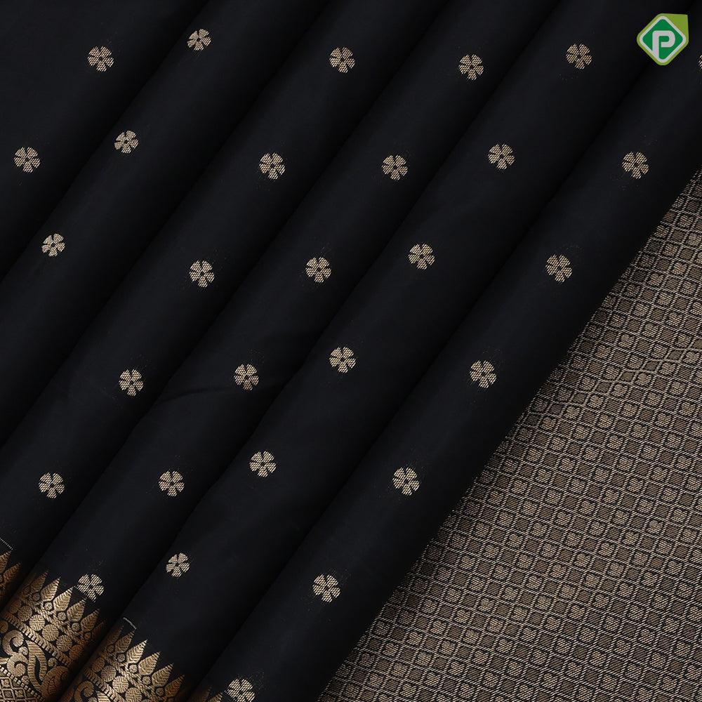Black Colour Gold Zari Small Flower Butta Design Self Colour Mango Mayilkan Border Design Luxury Black Silk Saree