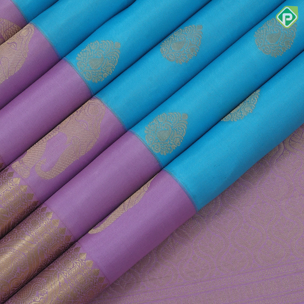 Sky blue gold zari Thilagam flower butta design lavender gold zari three line design border traditional silk saree