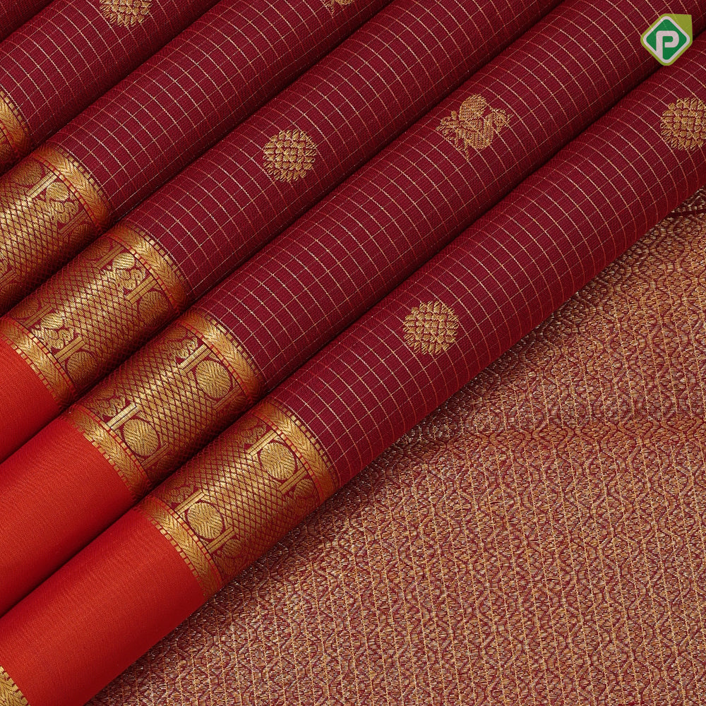 maroon gold zari vairaoosi kattam butta motifs orange and maroon gold zari retta pett border gift silk saree