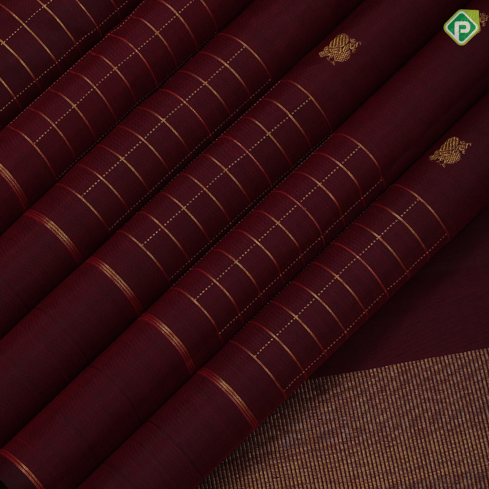 Dark Maroon Gold Zari Peacock Butta Design Self Colour Double Line Border Design Traditional Silk Saree