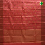 peach pink gold zari meena work butta design Red gold zari cross lines border bridal silk saree