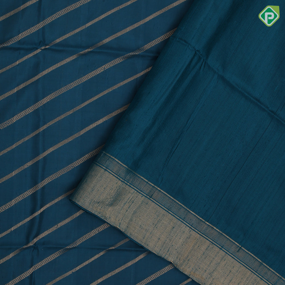 Peacock Blue Gold Zari Gross Lines Design Self Colour Gold Zari Border Soft Silk Saree