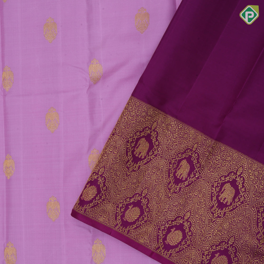 Lavender pink gold zari kandapiranda butta design purple gold zari peacock elephant butta banaras style border Fusion silk saree