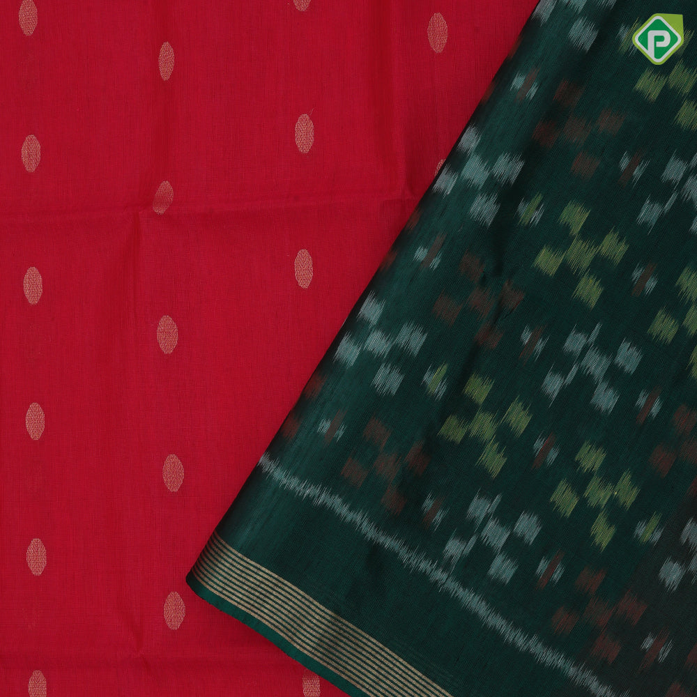 Tomato red gold zari chakkaram butta motifs self gold zari border contrast ikkat design pallu linen soft silk saree