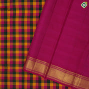 Multi colour paalum pazhamum checkered design self gold zari zig zag border traditional vintage silk saree