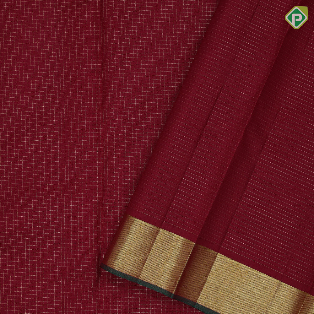 Maroon gold zari checks design self gold zari bavanji green edge border koorai pattu saree