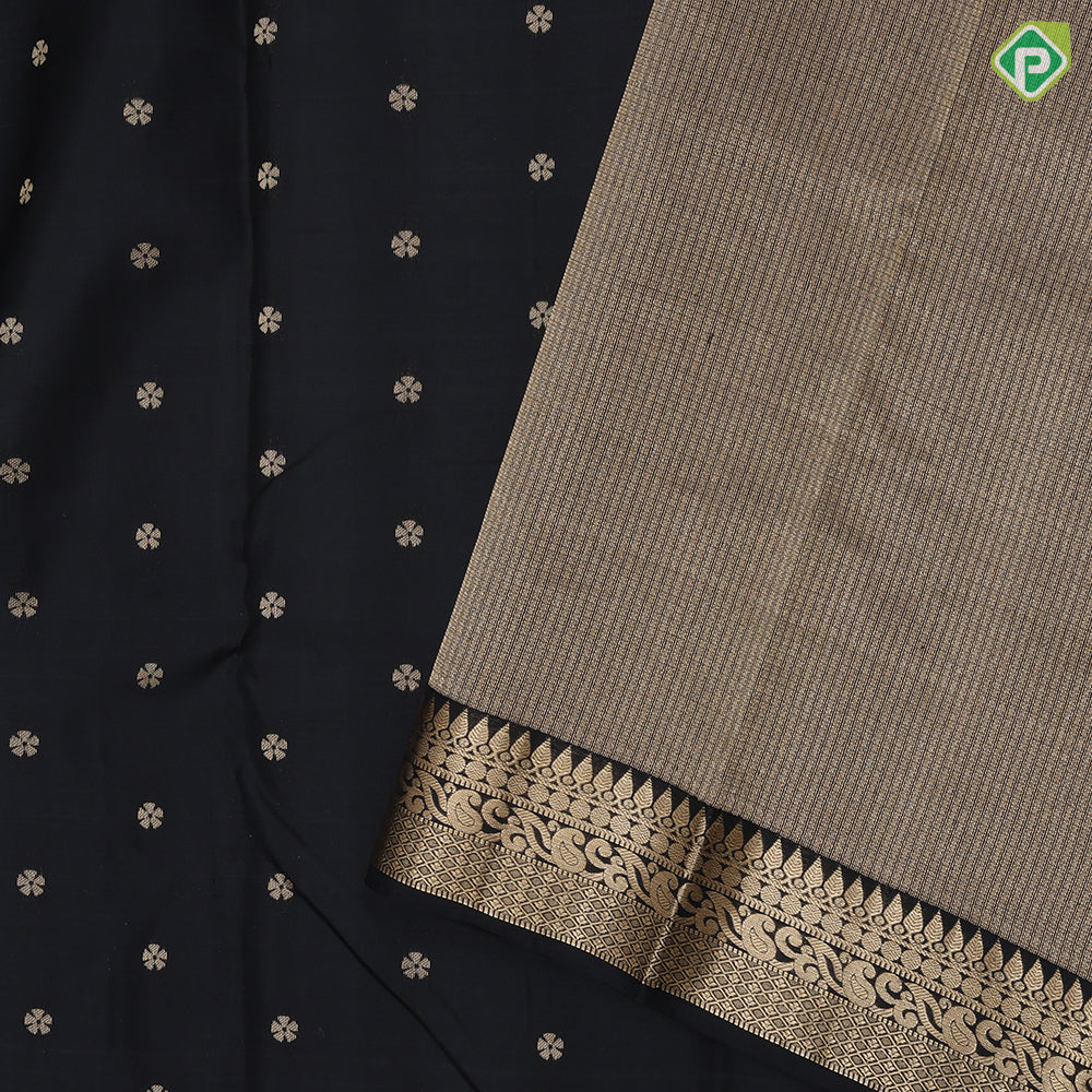 Black Colour Gold Zari Small Flower Butta Design Self Colour Mango Mayilkan Border Design Luxury Black Silk Saree