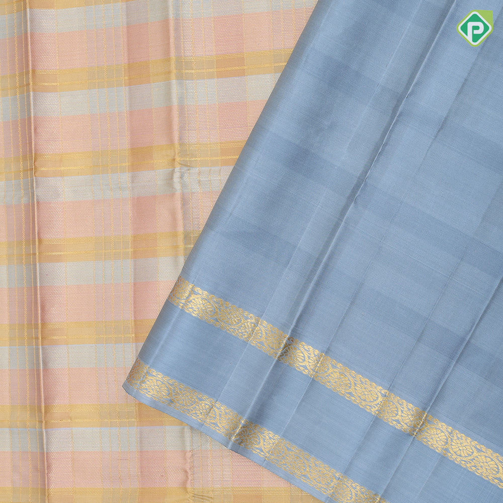 Pink yellow grey tricolor gold zari checks design grey with gold zari rettapet border trendy designer silk saree