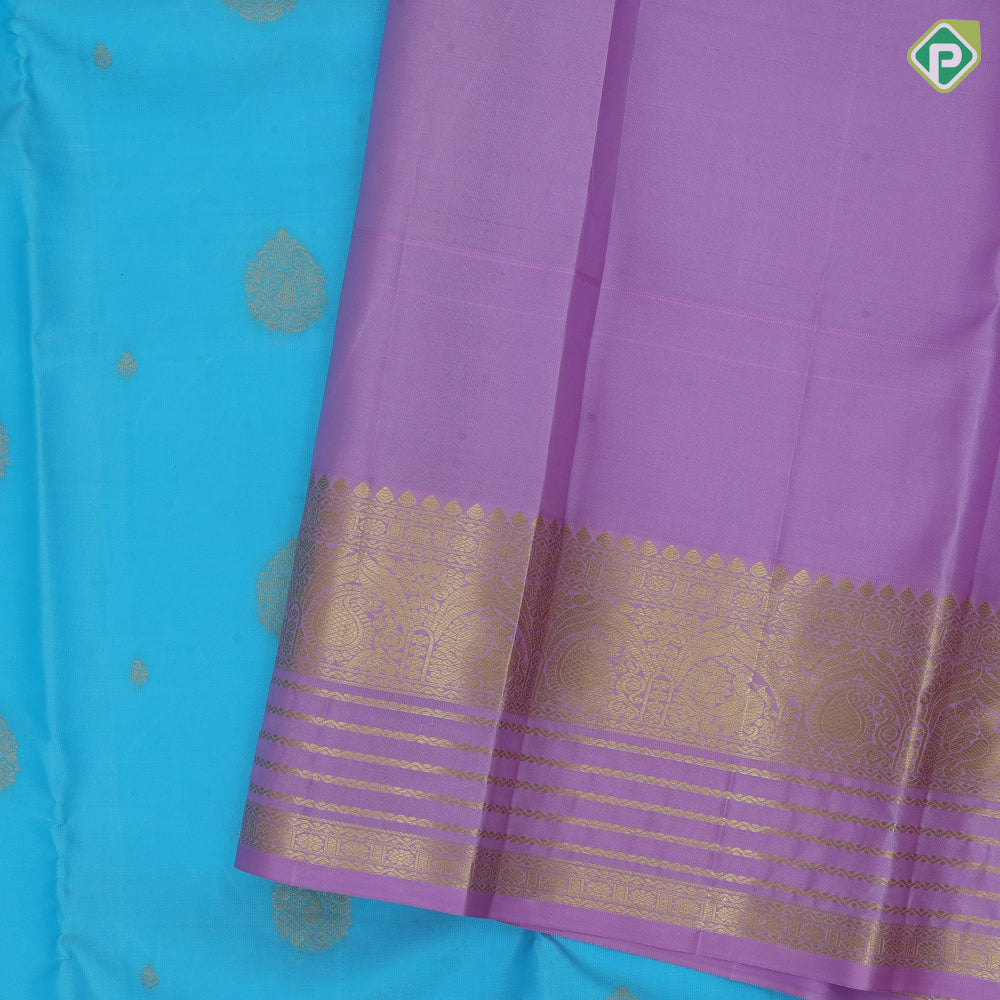 Sky blue gold zari Thilagam flower butta design lavender gold zari three line design border traditional silk saree
