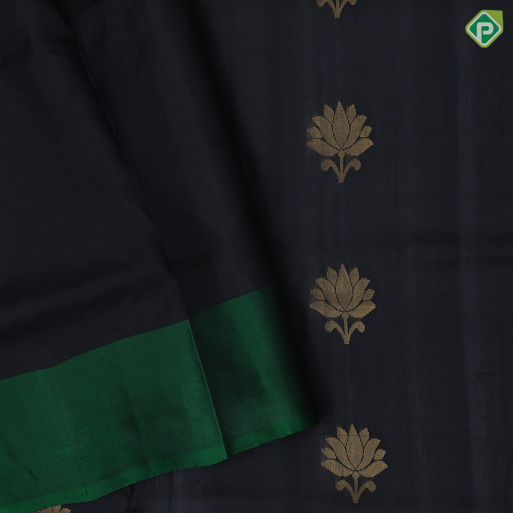 Black with gold zari lotus butta design contrast green gold zari fancy tree border soft silk saree
