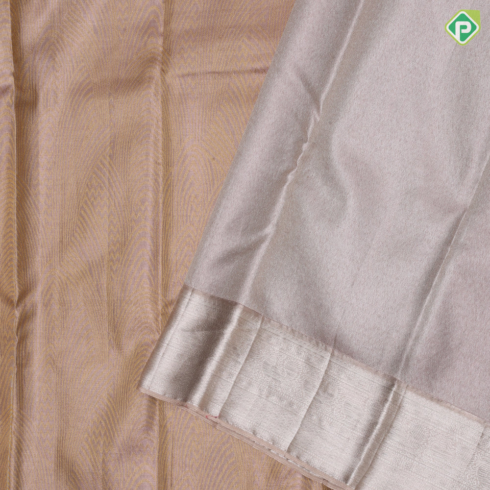 Lilac gold zari tissue fancy arch design self silver zari peacock butta lines border grand tissue silk saree
