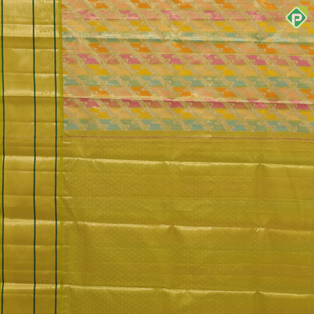 Multi color gold zari rangat design green yellow gold zari peacock and diamond butta border pattu paavadai