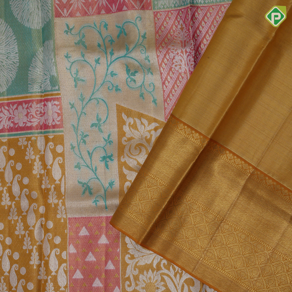 Multi color silver zari by zari multi designed shapes Mustard gold zari mayilkan diamond border exclusive bridal silk saree