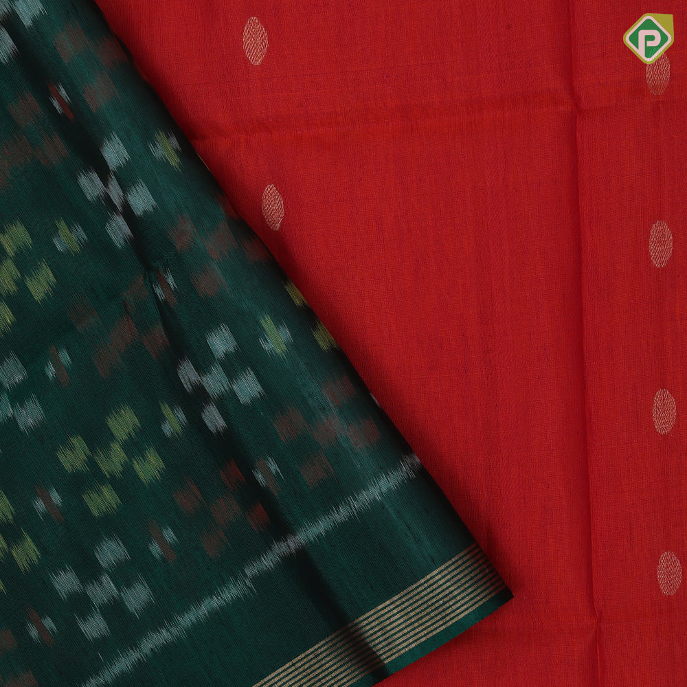 Tomato red gold zari chakkaram butta motifs self gold zari lines border bottle green ikkat style pallu linen soft silk saree