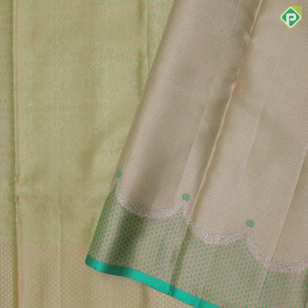 peach with parrot green sustainable mose design self with gold zari turning green edge border trendy designer silk saree