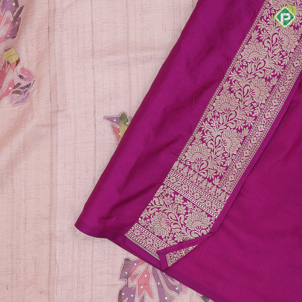 Tusser pink multi color embroidered design purple gold zari banaras style border pallu tusser silk saree
