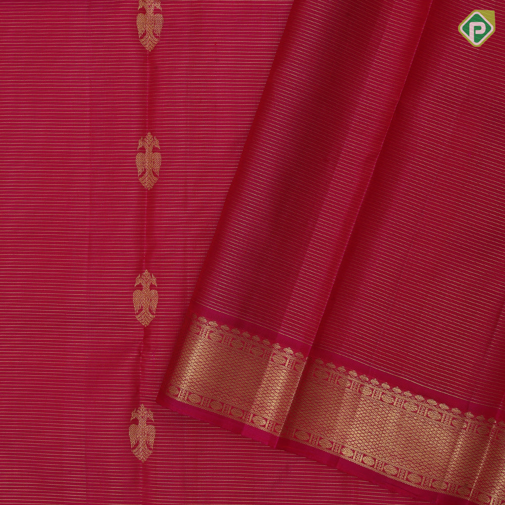 Rani Pink Gold Zari Vairaoosi Lines Gandaberunda Butta Design Self Colour Ruthracham Mayilkan Border Design Traditional Silk Saree