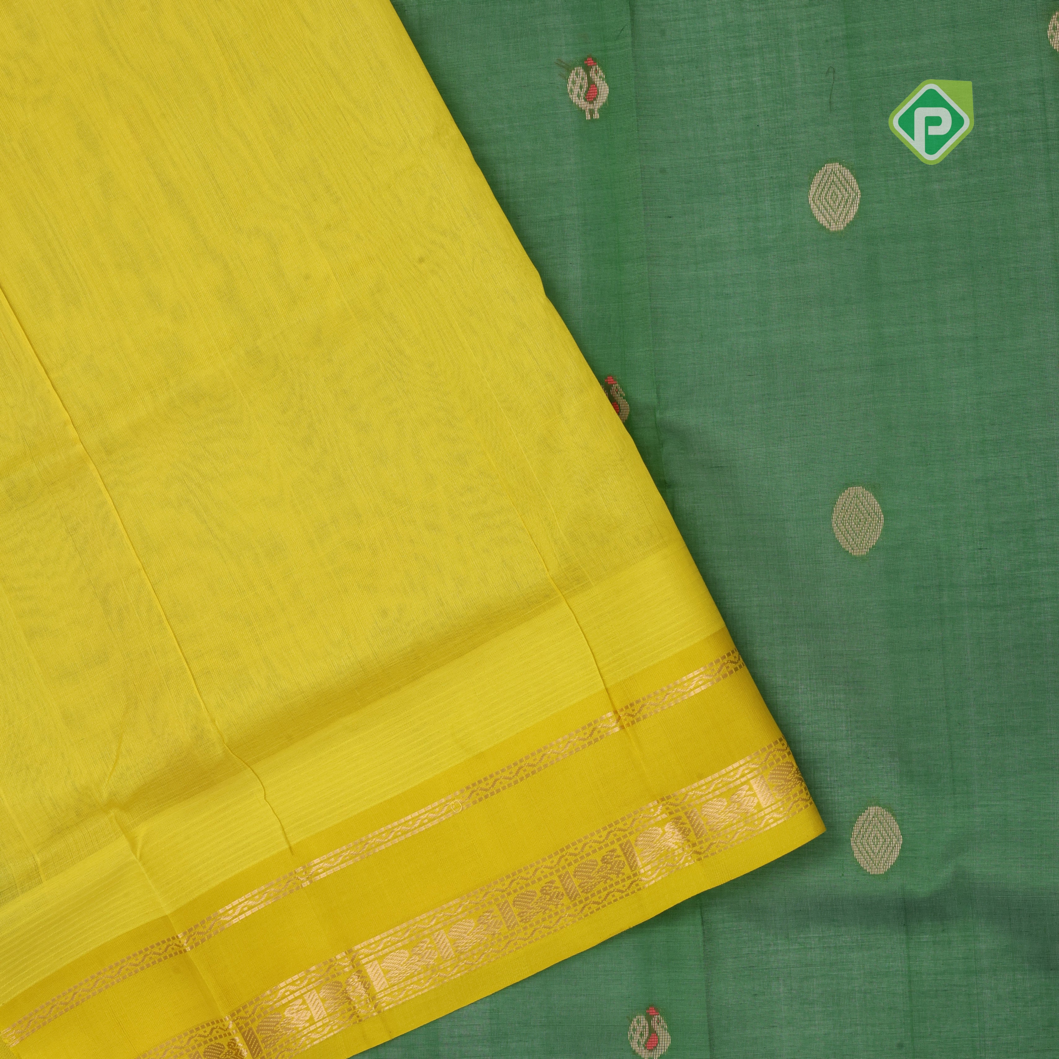 bottle green with zari butta meena work lemon yellow gold zari border kuppadam silk cotton saree