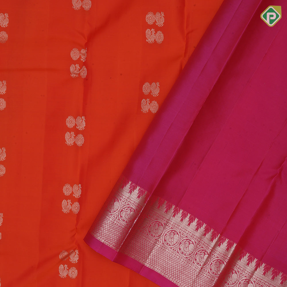 Fanta orange silver gold zari rudraksham annam butta baby pink silver gold zari temple border pure mix silk saree