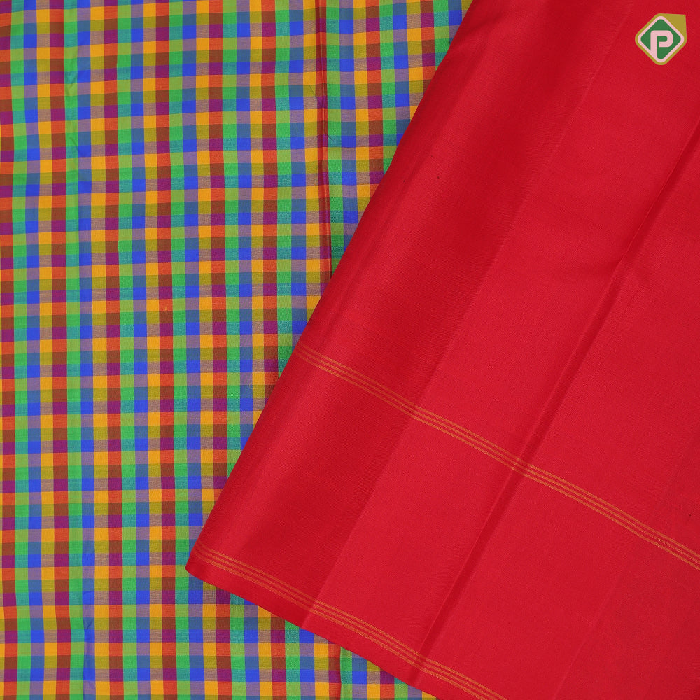 Micro multi color checks red gold zari temple rack border paalum pazhamum kattam traditional silk saree