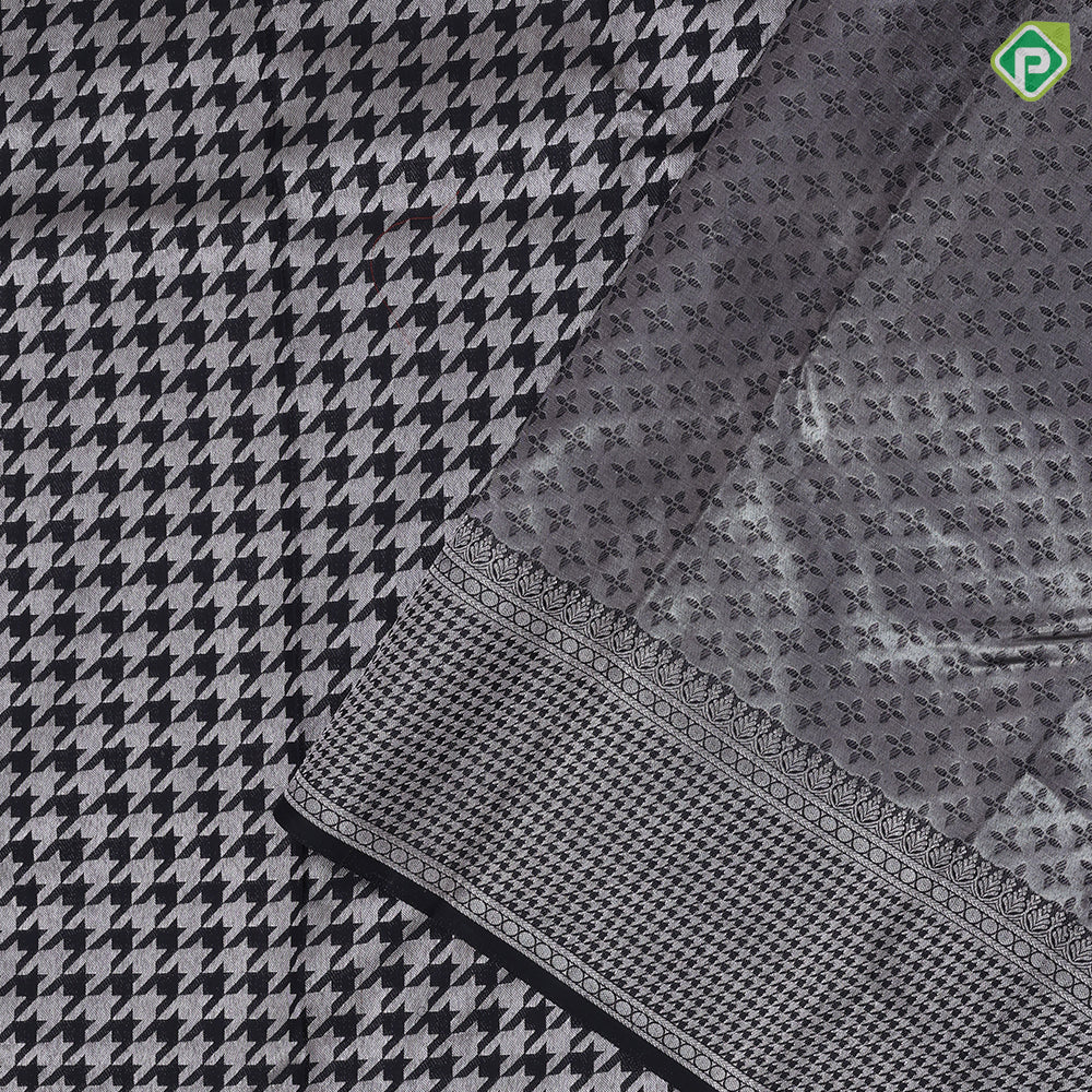 Black Colour Silver Zari Zig Zag Design Self Colour Ruthracham Small Zig Zag Border Design Luxury Black  Silk Saree