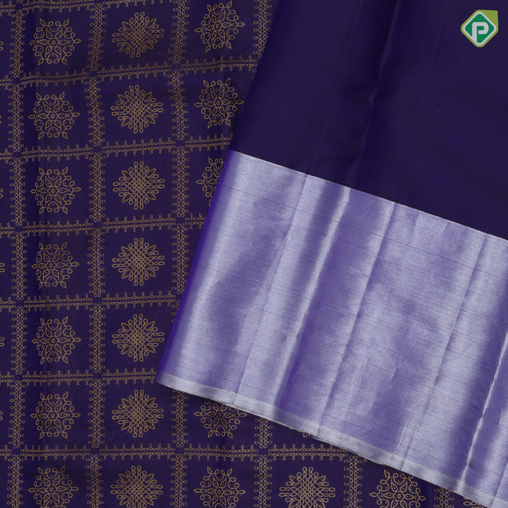 Berry blue gold zari rangoli checks blueish grey temple view border trendy designer silk saree