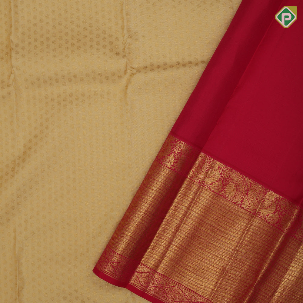 Sandal color gold zari thousand butta design contrast red gold zari diamond design peacock border traditional silk saree