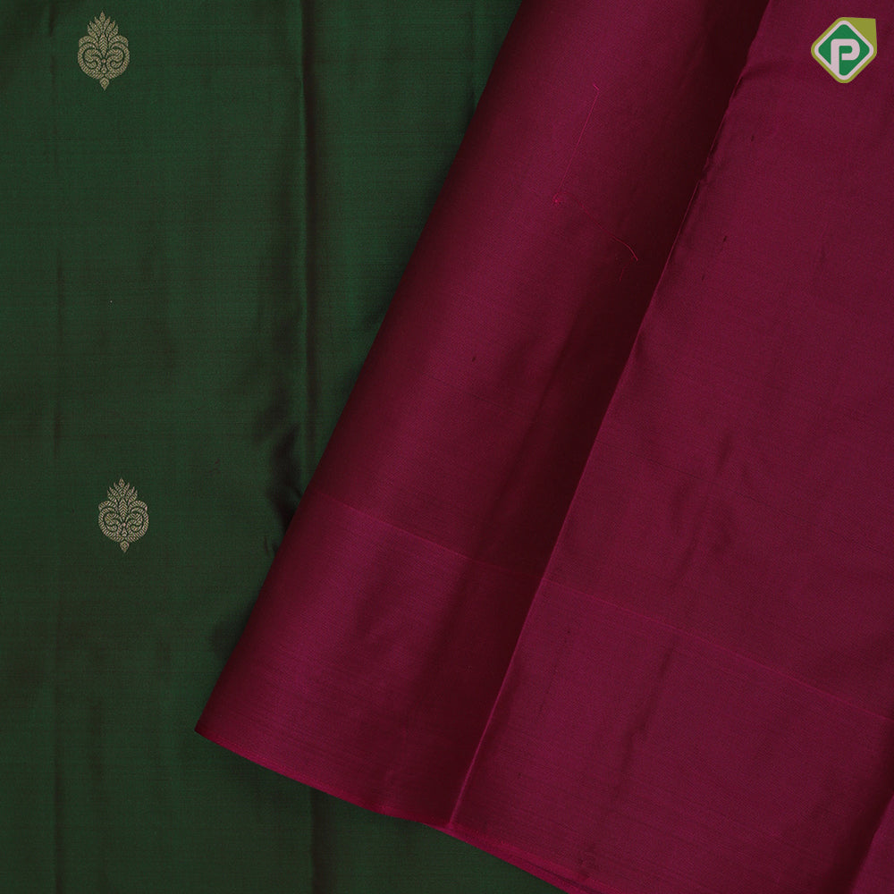 Emarald green gold zari leaf butta motif purple gold zari peacock banaras style design border gift silk saree