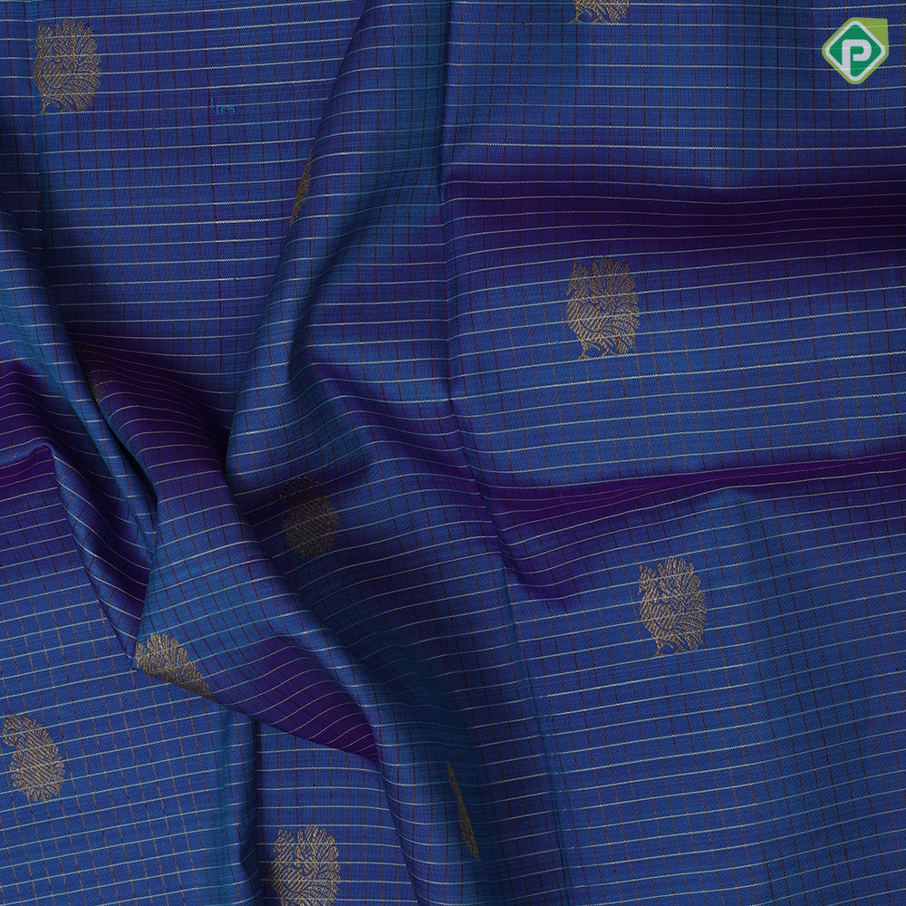 Azure blue silver gold zari checks peacock mango butta red gold zari cross line border pattu paavadai lehanka