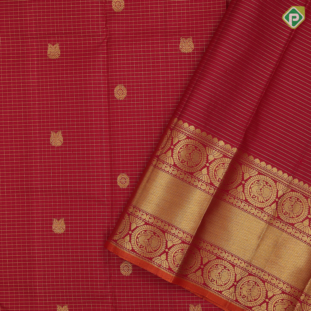 Maroon red gold zari vairaoosi kattam butta motifs design self gold zari peacock round butta lines retta pett border koorai silk saree