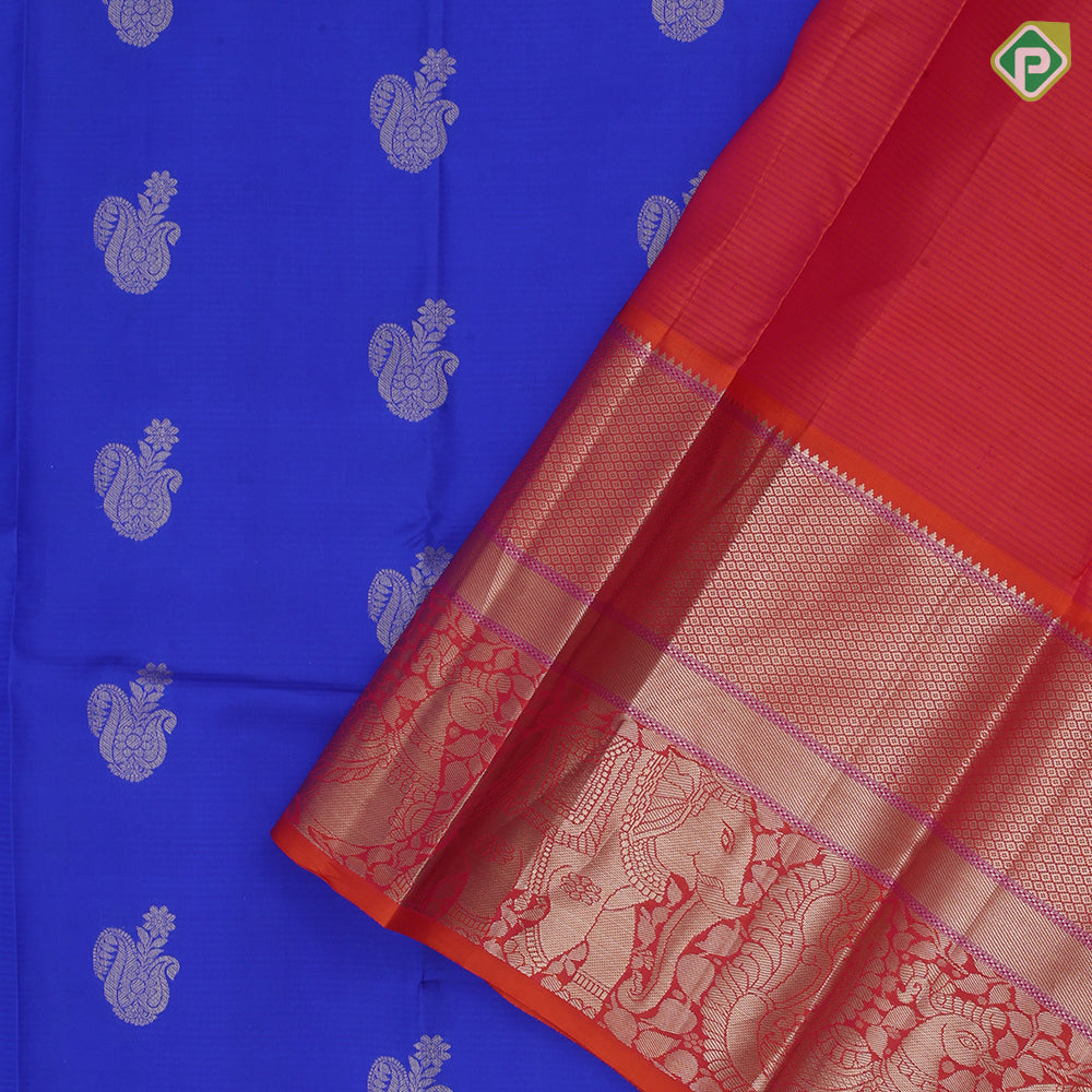 Navy blue gold zari fancy butta design orange with silver gold zari high border traditional silk saree