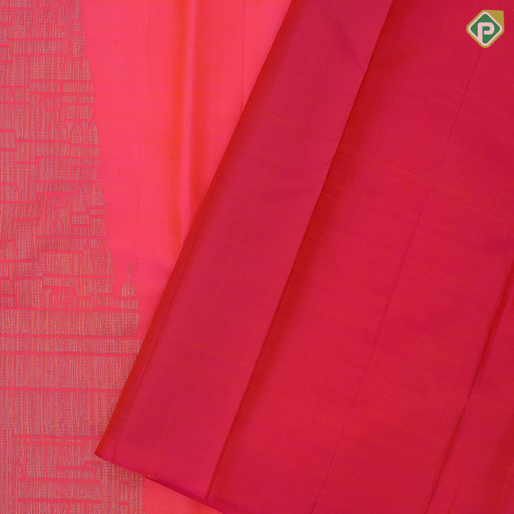 orangish pink silk thread grains design multi color temple tower weaved border signature silk saree