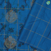 peacock blue self designed round butta and checks ikkat design borderless ikkat fusion silk saree