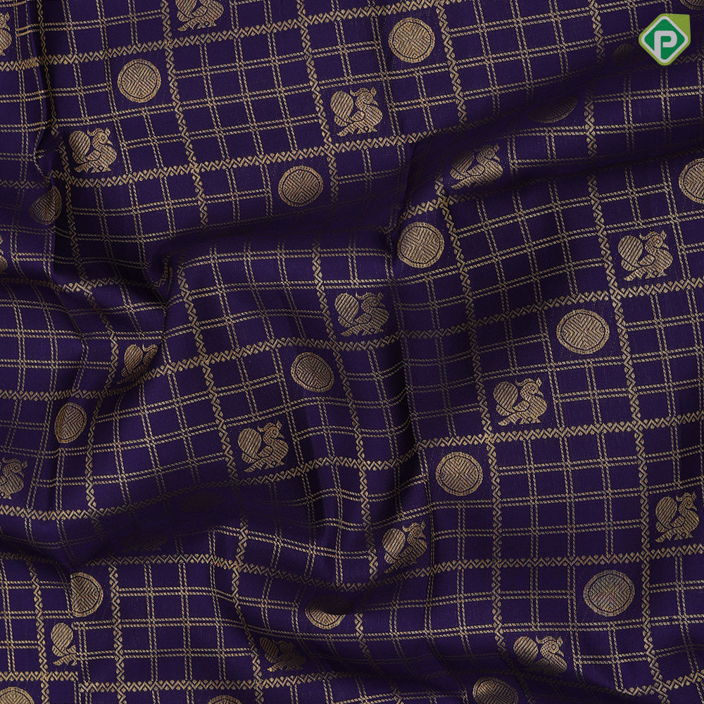 Dark blue gold zari peacock chakram butta checks design peacock green gold zari retta pattai border bridal silk saree