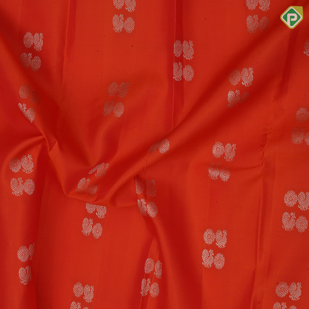 Fanta orange silver gold zari rudraksham annam butta baby pink silver gold zari temple border pure mix silk saree