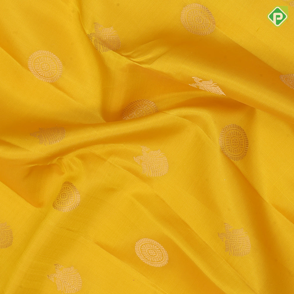 Lemon Yellow Gold Zari Gandaberunda Chagaram Butta Design Cream Colour Peacock Ruthracham Border Design Pure Mix Silk Saree
