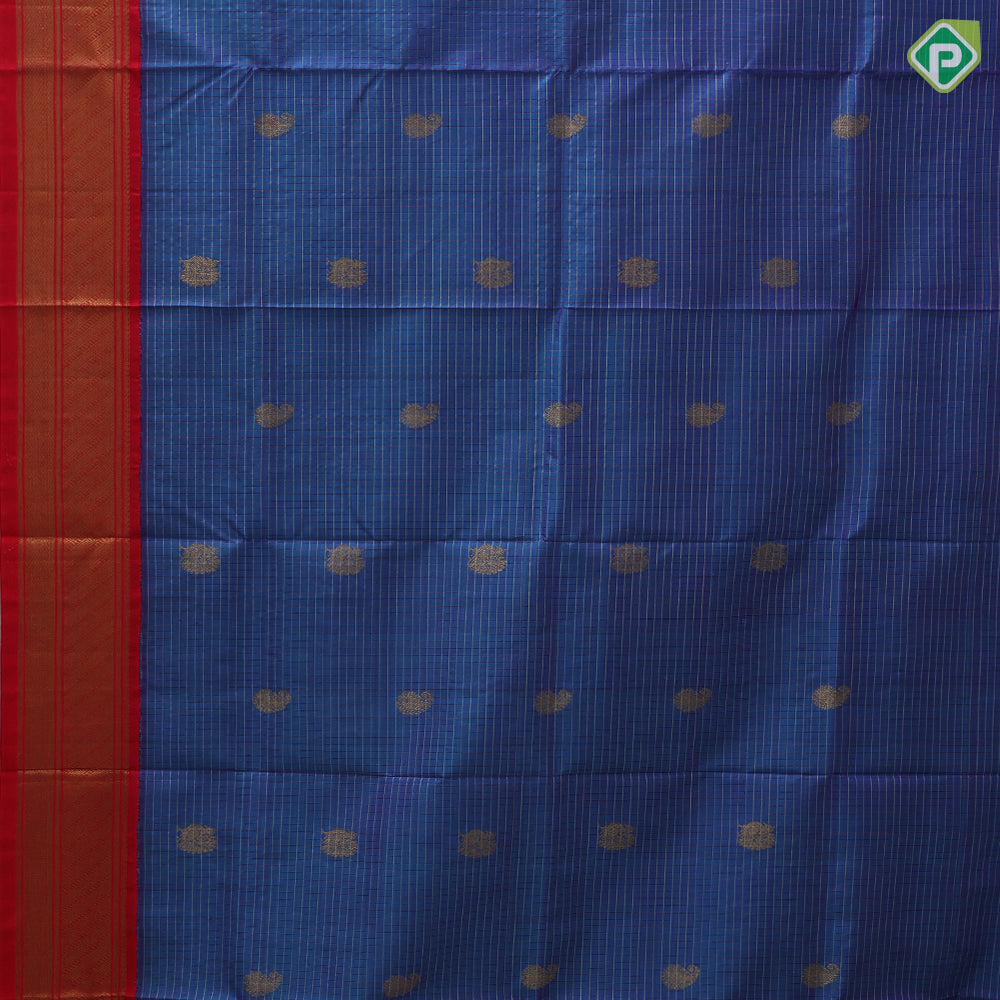 Azure blue silver gold zari checks peacock mango butta red gold zari cross line border pattu paavadai lehanka