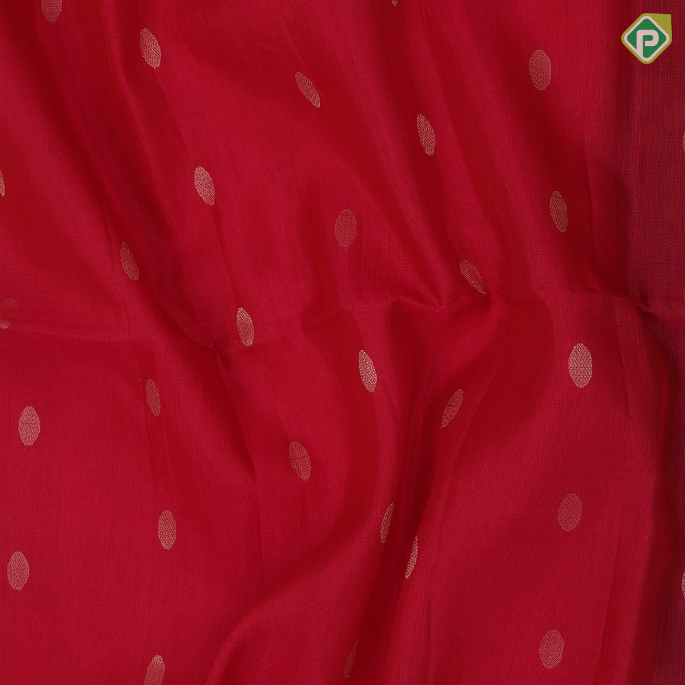 Tomato red gold zari chakkaram butta motifs self gold zari border contrast ikkat design pallu linen soft silk saree