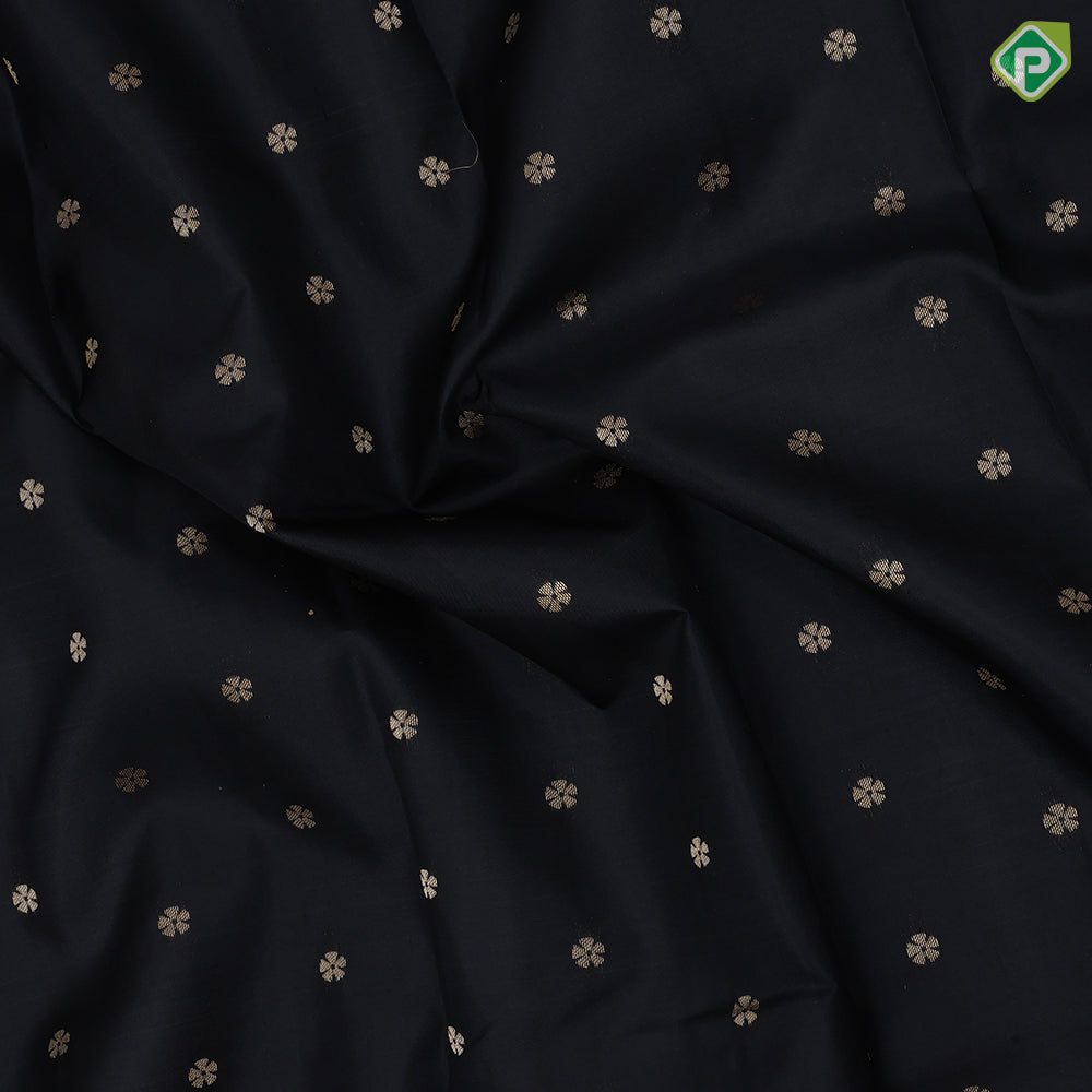 Black Colour Gold Zari Small Flower Butta Design Self Colour Mango Mayilkan Border Design Luxury Black Silk Saree