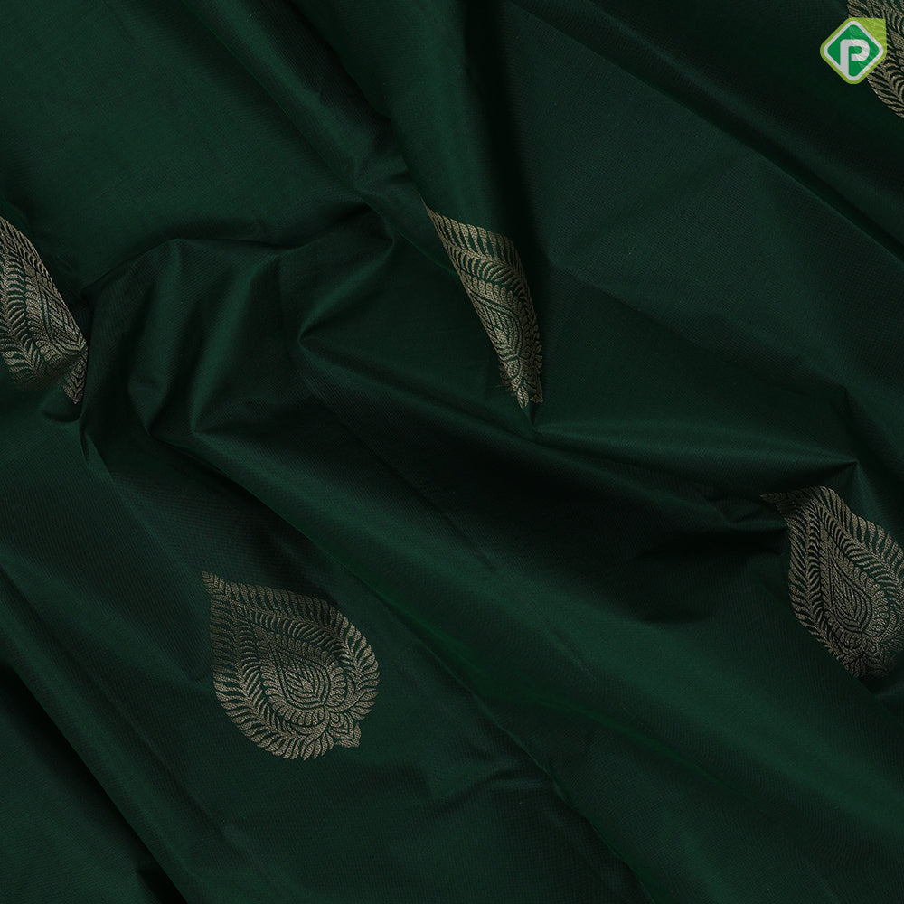 Bottle green gold zari leaf design self gold zari mango butta border gift silk saree