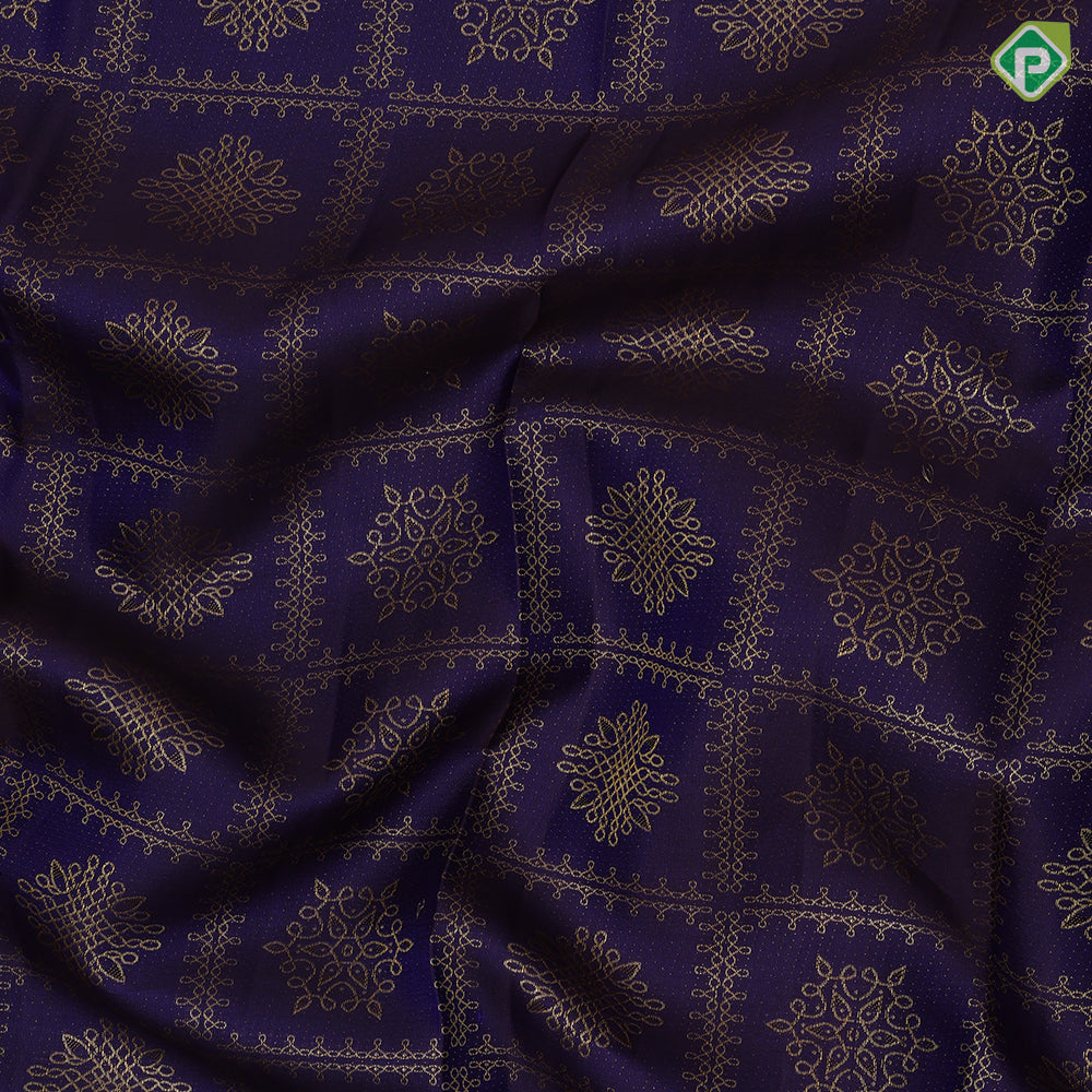 Berry blue gold zari rangoli checks blueish grey temple view border trendy designer silk saree
