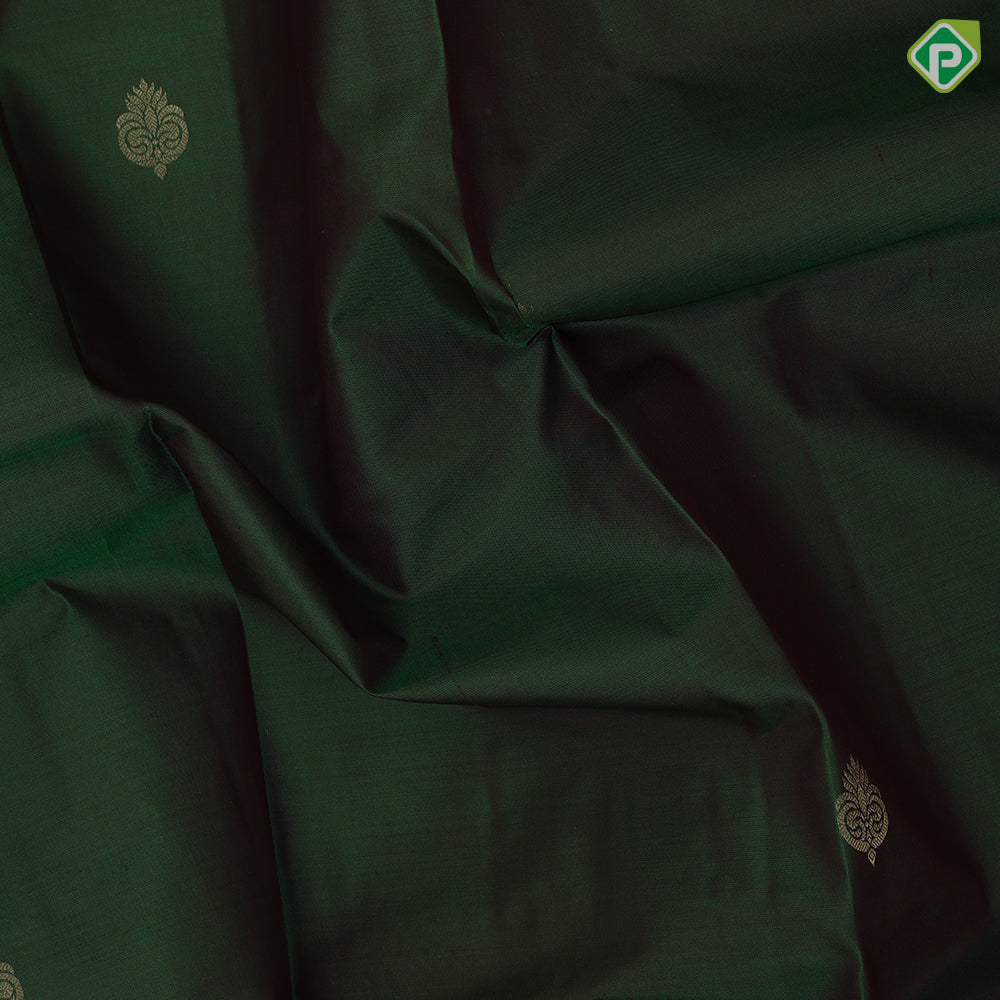Emarald green gold zari leaf butta motif purple gold zari peacock banaras style design border gift silk saree
